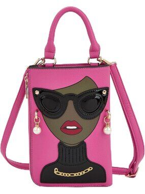 Women PinkCoffee Novelty Lady Face PU Leather Shoulder Bag Handle Satchel Clutch